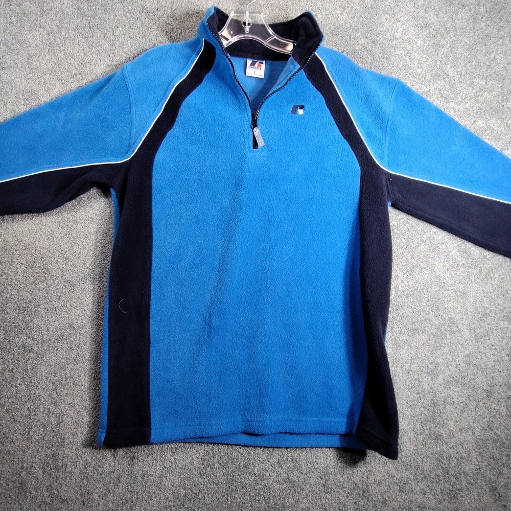 Russell Athletic Mens Sweater L Blue Fleece Quarter Zip Up Pullover Long Sleeve